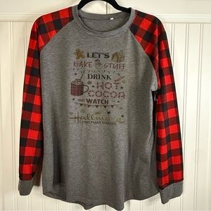 Women’s Christmas Raglan Tee – Buffalo Plaid Sleeves –Size XXL (Fits Like Large)